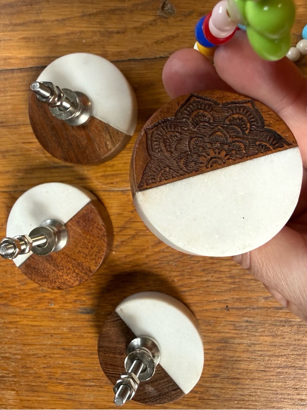 Round Wood and White Marble Drawer Knobs - Set of 4